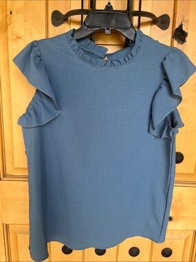SHEIN Textured Ruffle Shoulder Top - Slate Blue